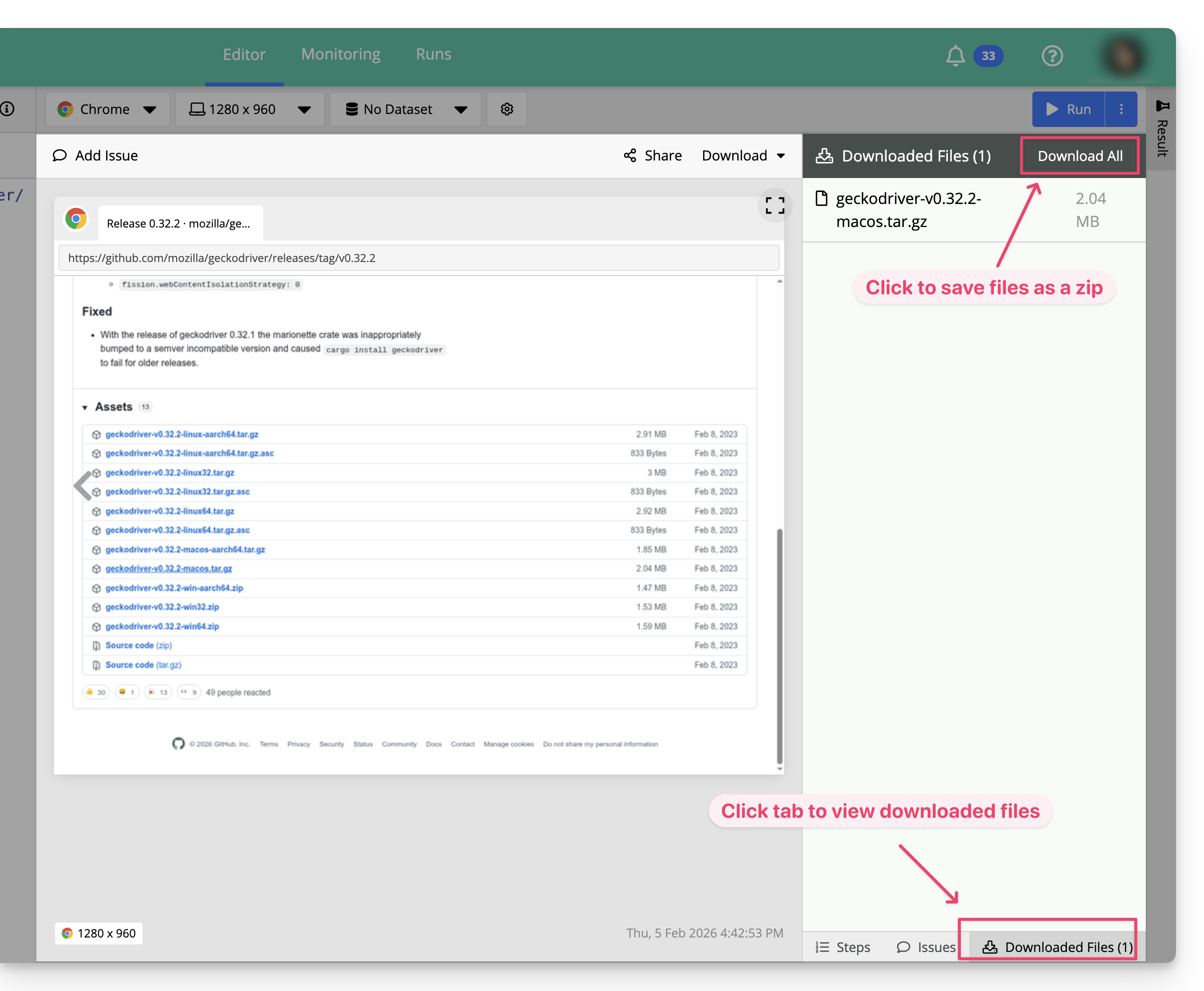Downloaded Files Tab in the Test Report