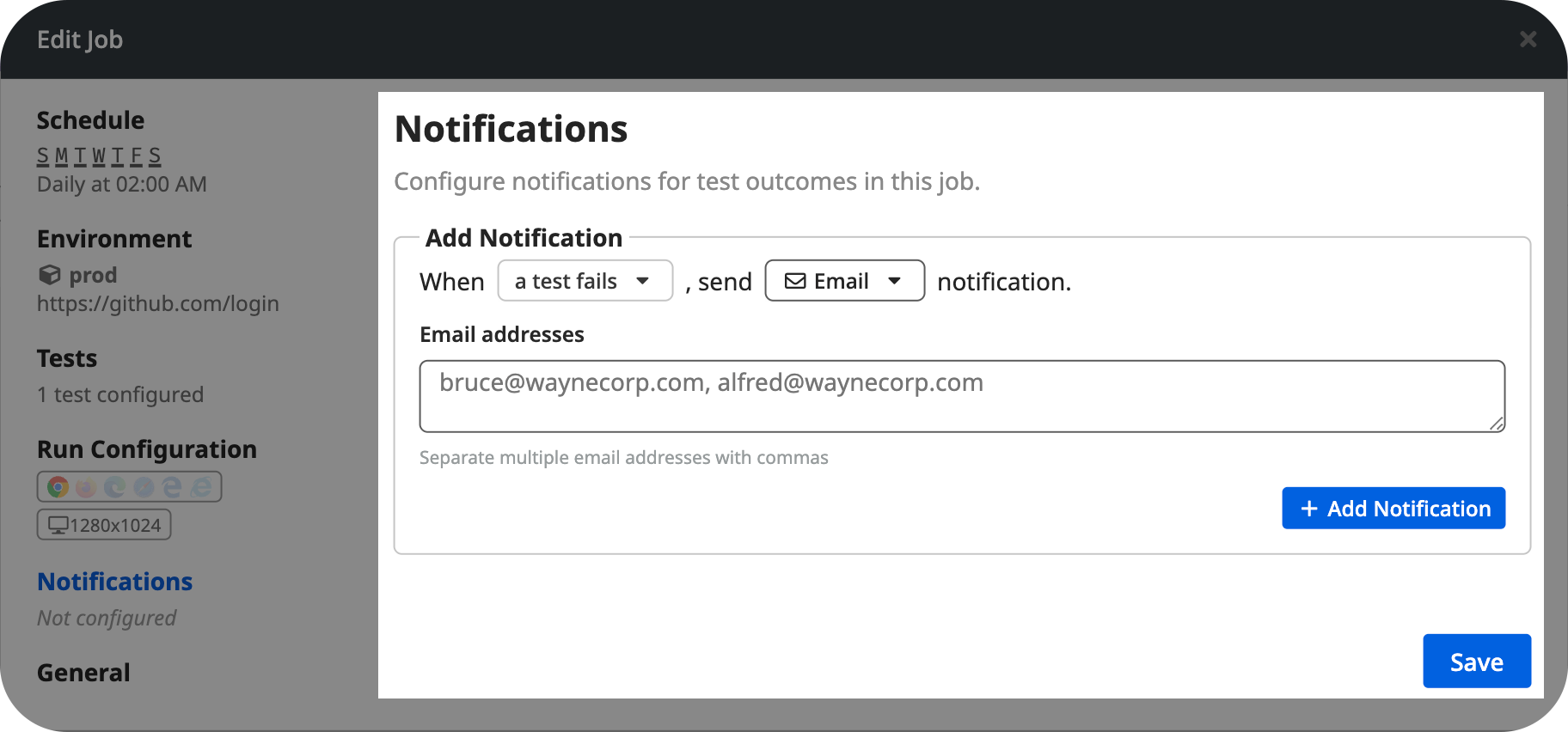 Job notification configuration section