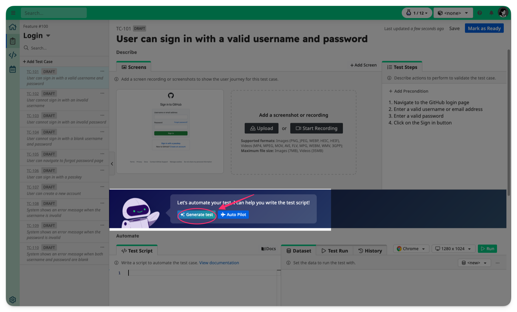 Get help from TAMI to generate tests