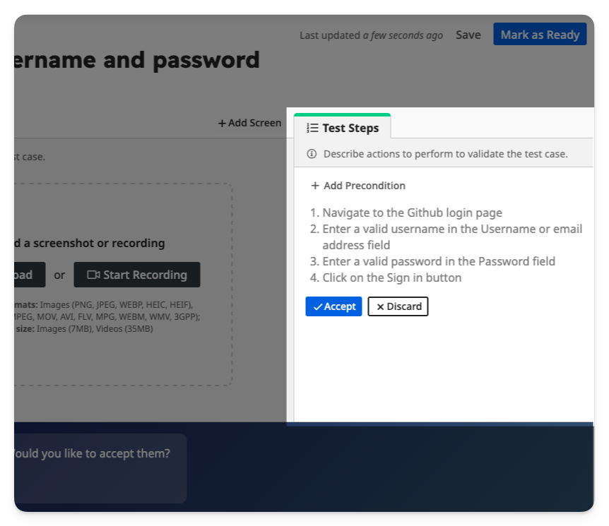 Test steps generated by TAMI