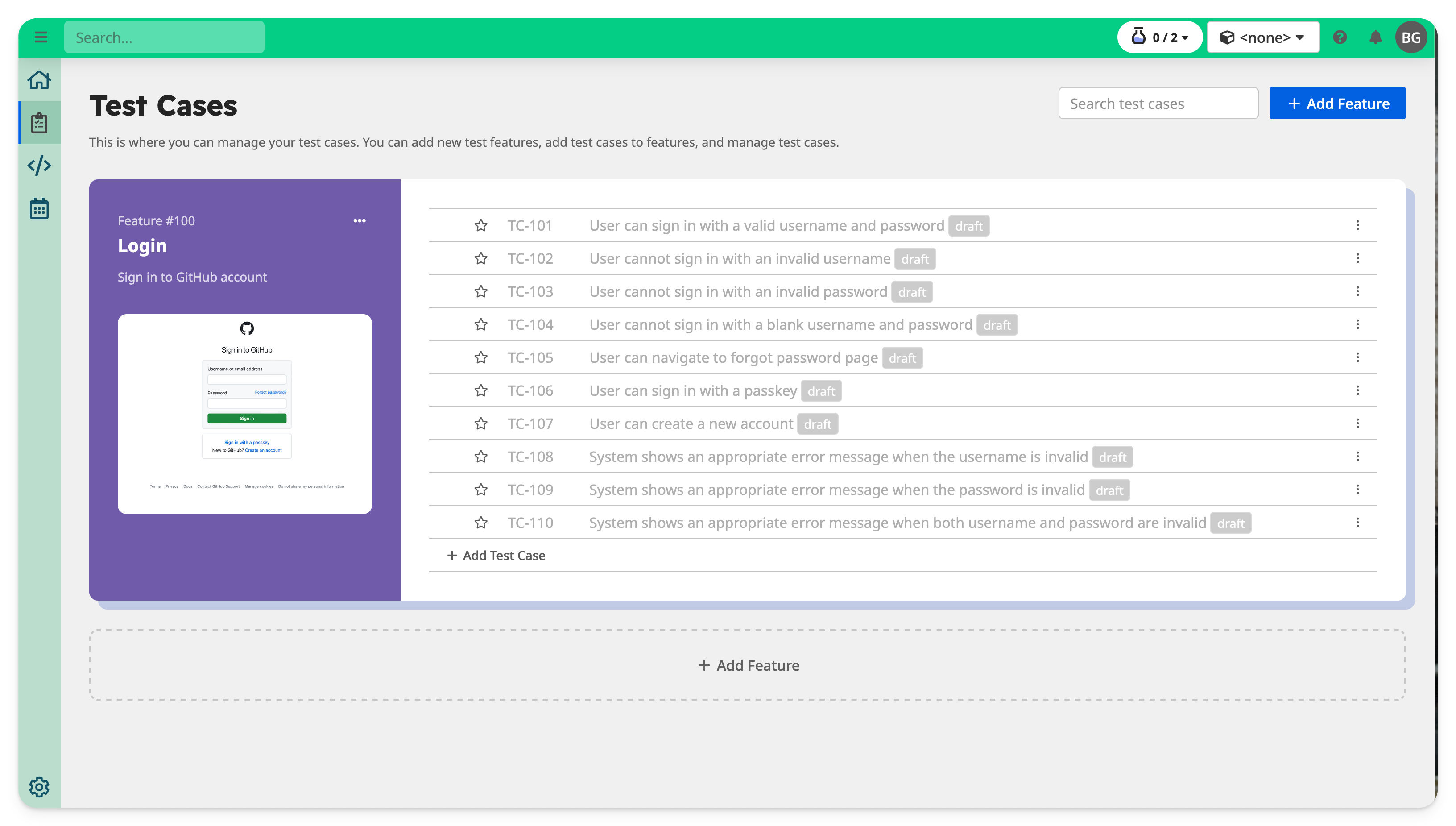 'Test Cases' page showing a test feature with multiple test cases