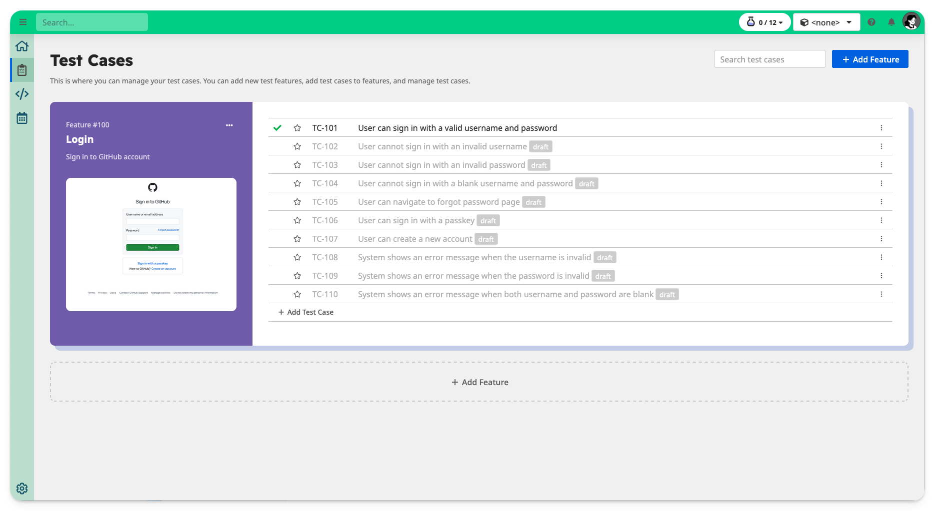Login feature with multiple test cases defined