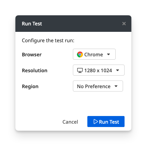 Test Run Configuration menu